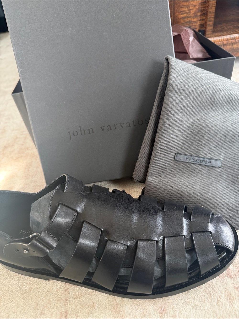 John Varvatos Men's Black Leather Strapped Fisherman Sandals